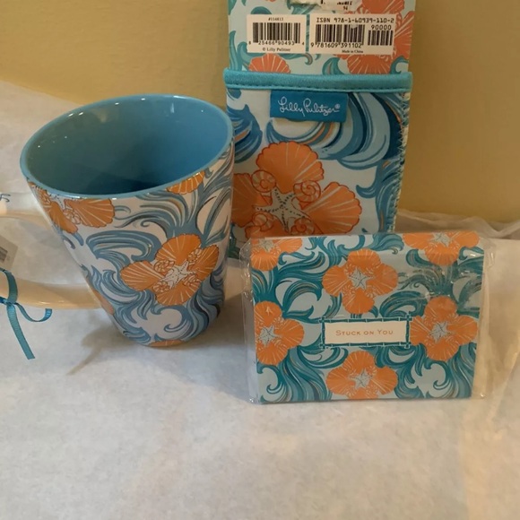 LILLY PULITZER COFFEE CUP WITH KOOZIE AND STICKY NOTE 3 PC SET IN DO THE WAVE - Picture 4 of 6